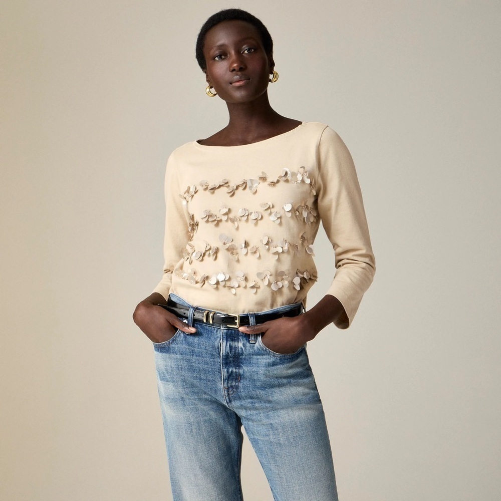 NWT J. Crew Mariner jersey 3/4 sleeve T-shirt with floral embellishment sequins
